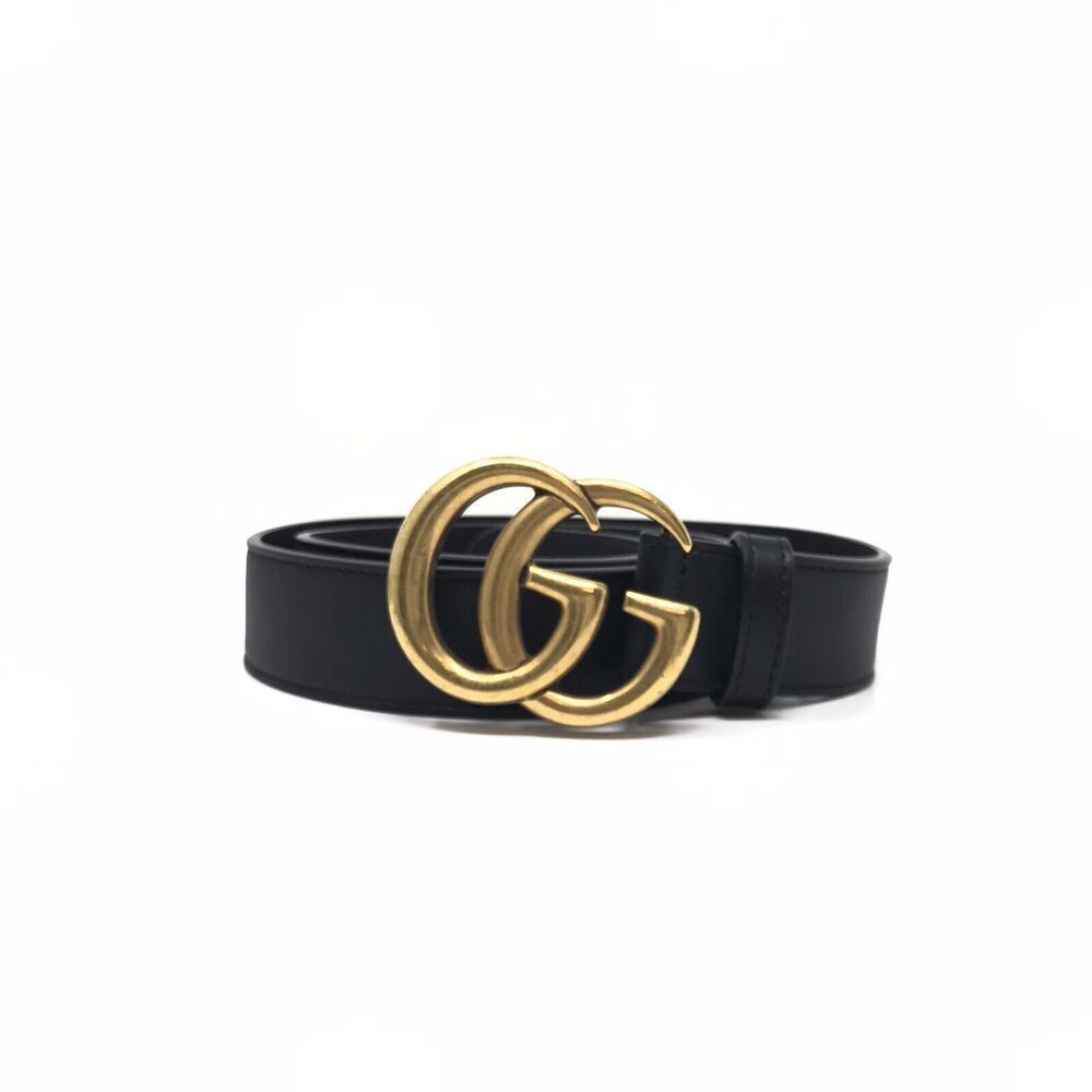Gucci GG Marmont Thin Belt Black Leather Brass Double G Women Size 75/30